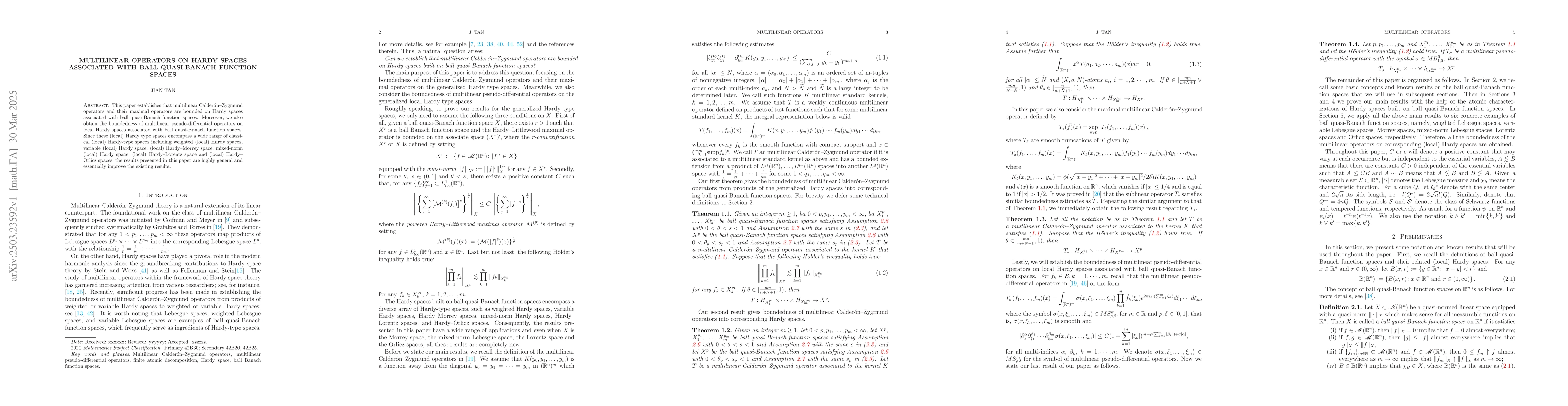 Thumbnail for Multilinear operators on Hardy spaces associated with ball quasi-Banach
  function spaces