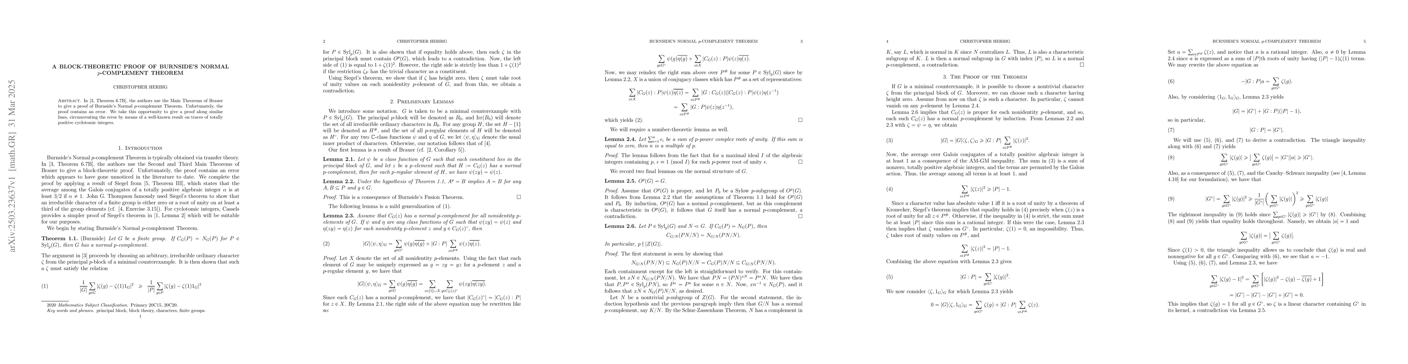 Thumbnail for A Block-theoretic Proof of Burnside's Normal $p$-complement Theorem