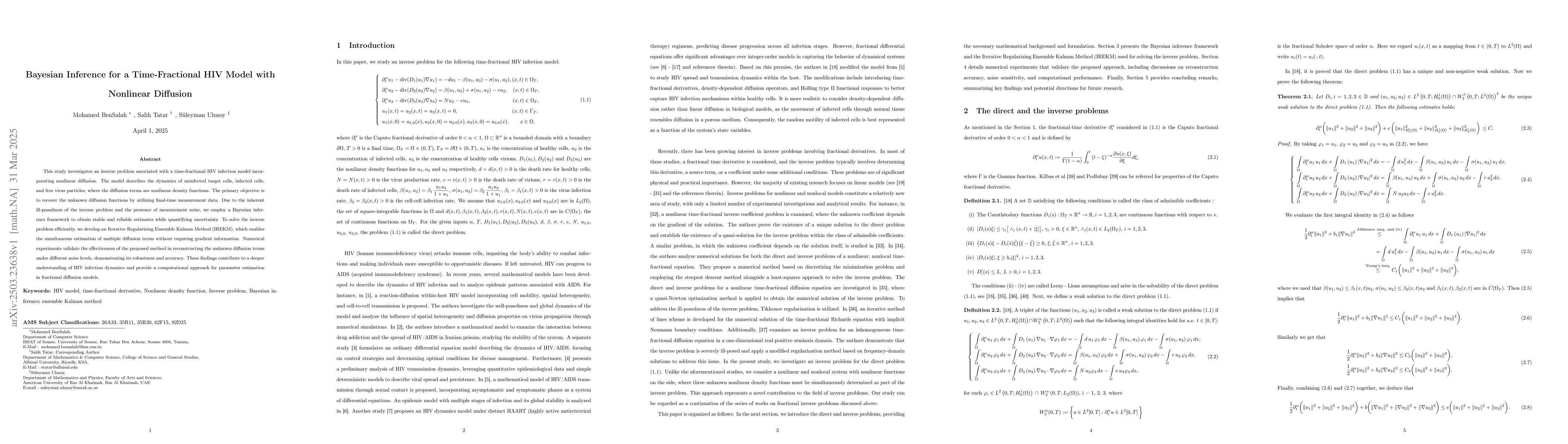 Thumbnail for Bayesian Inference for a Time-Fractional HIV Model with Nonlinear
  Diffusion
