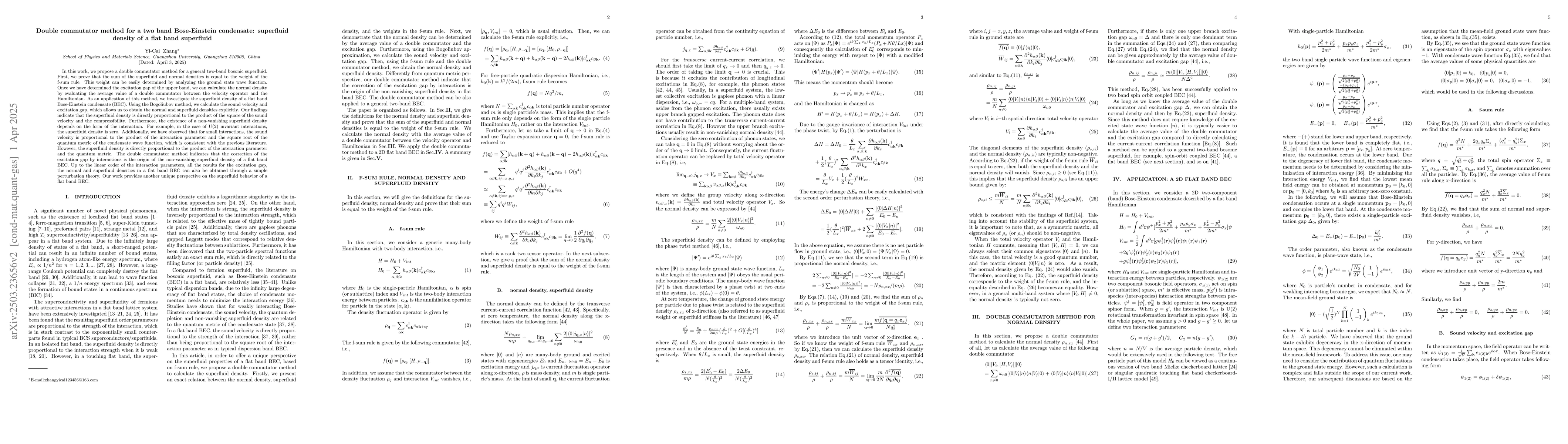 Thumbnail for Double commutator method for a two band Bose-Einstein condensate:
  superfluid density of a flat band superfluid