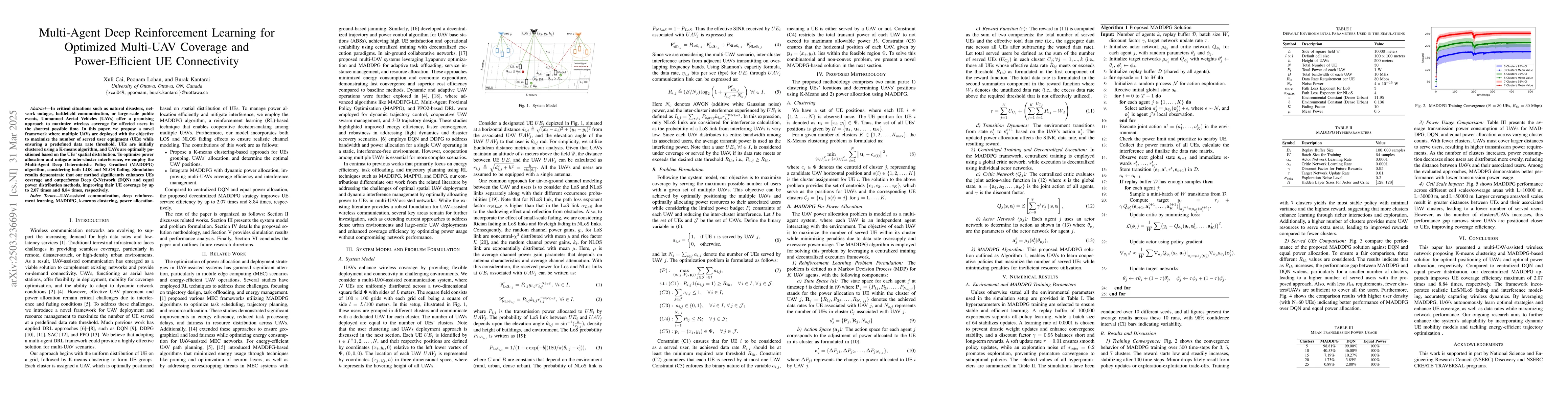 Thumbnail for Multi-Agent Deep Reinforcement Learning for Optimized Multi-UAV Coverage
  and Power-Efficient UE Connectivity