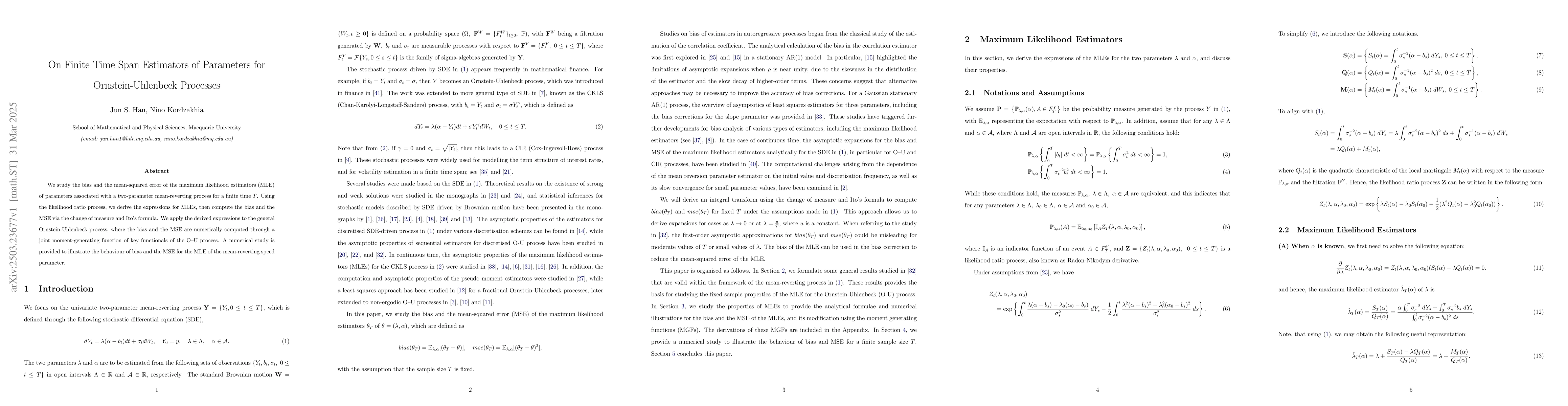 Thumbnail for On Finite Time Span Estimators of Parameters for Ornstein-Uhlenbeck
  Processes