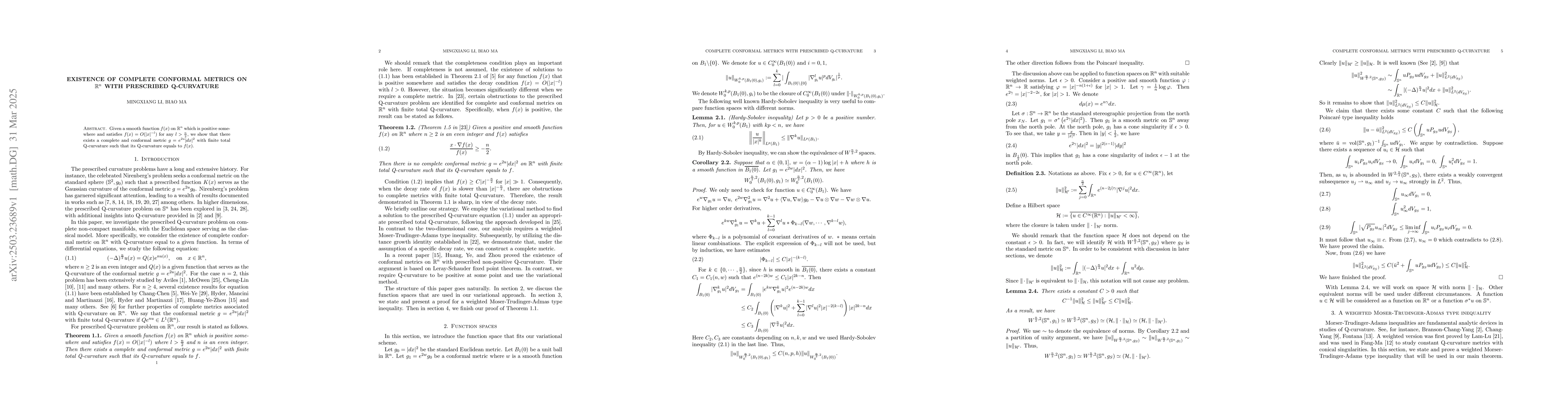 Thumbnail for Existence of complete conformal metrics on $\mathbb{R}^n$ with
  prescribed Q-curvature
