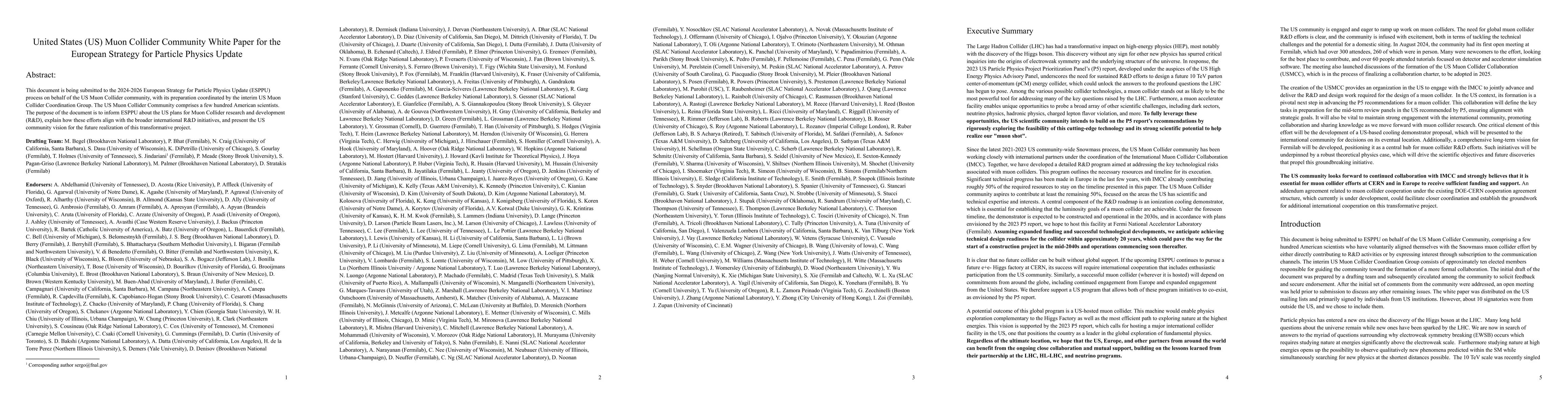 Thumbnail for United States Muon Collider Community White Paper for the European
  Strategy for Particle Physics Update