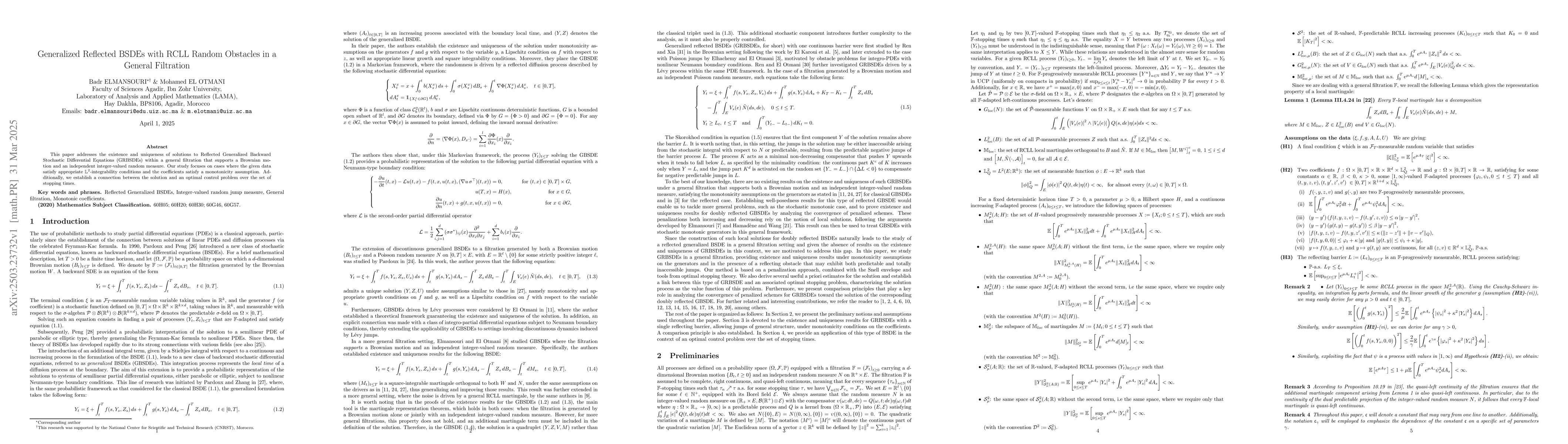 Thumbnail for Generalized Reflected BSDEs with RCLL Random Obstacles in a General
  Filtration