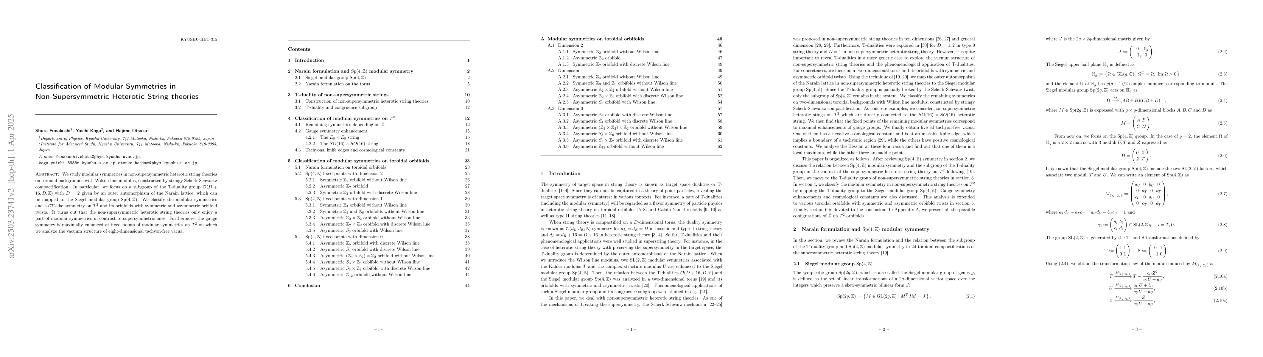 Thumbnail for Classification of Modular Symmetries in Non-Supersymmetric Heterotic
  String theories
