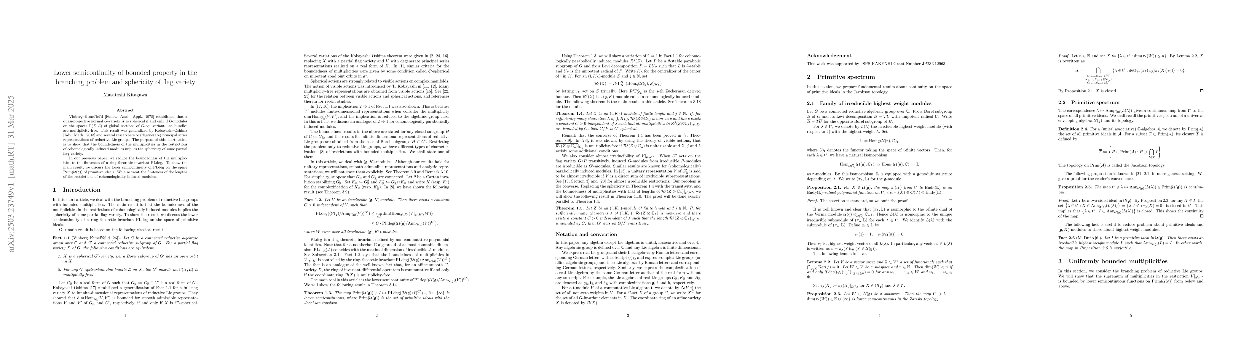 Thumbnail for Lower semicontinuity of bounded property in the branching problem and
  sphericity of flag variety