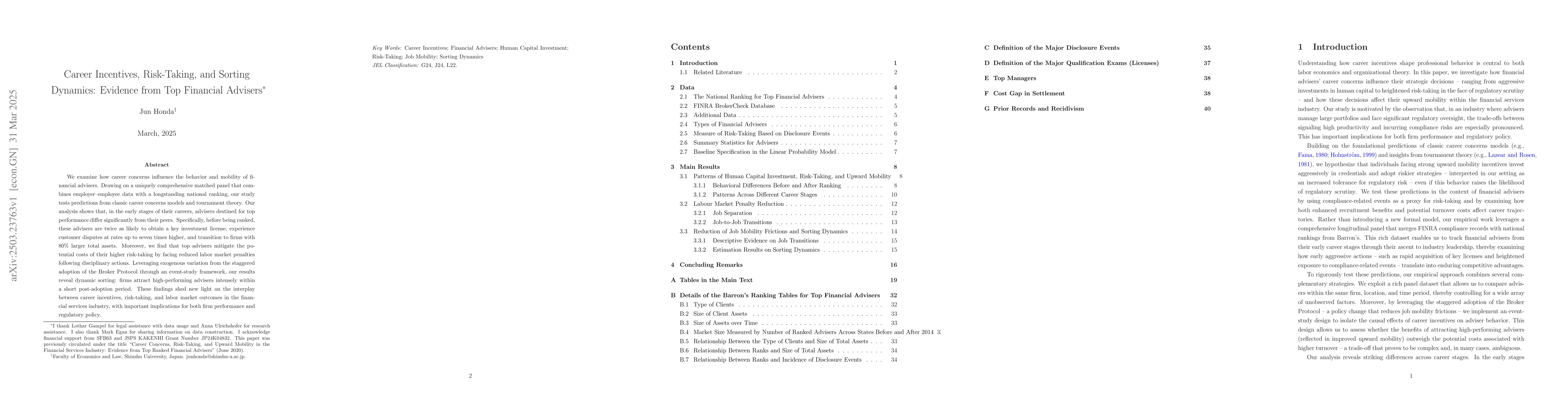 Thumbnail for Career Incentives, Risk-Taking, and Sorting Dynamics: Evidence from Top
  Financial Advisers