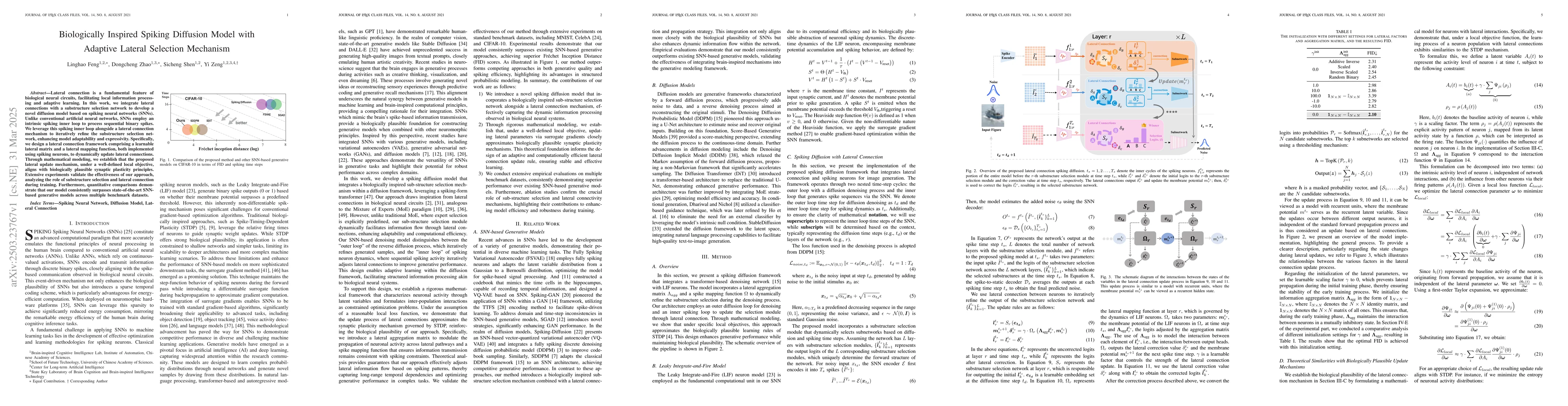 Thumbnail for Biologically Inspired Spiking Diffusion Model with Adaptive Lateral
  Selection Mechanism