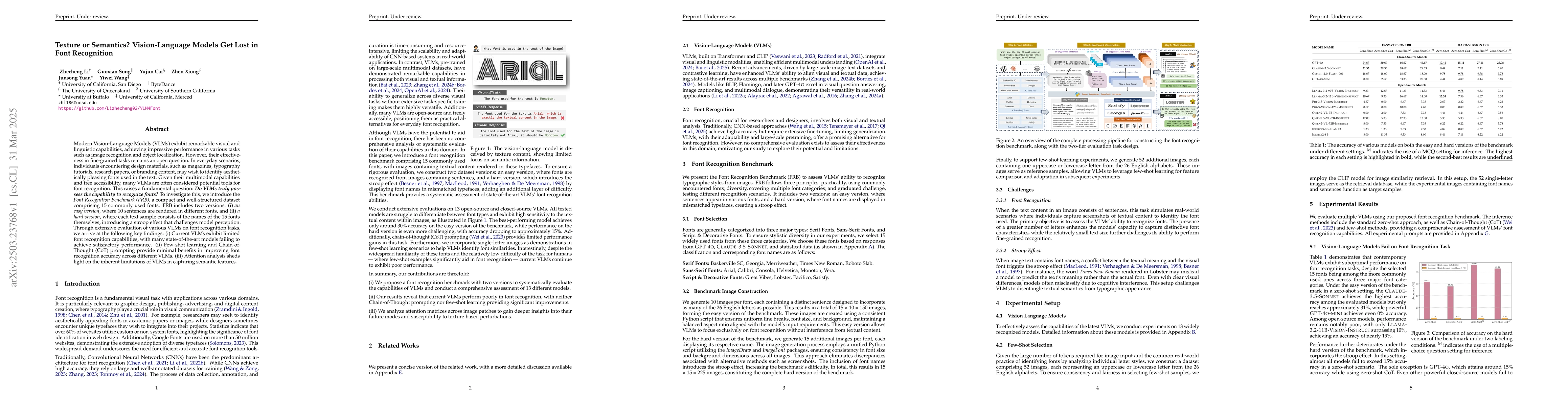 Thumbnail for Texture or Semantics? Vision-Language Models Get Lost in Font
  Recognition