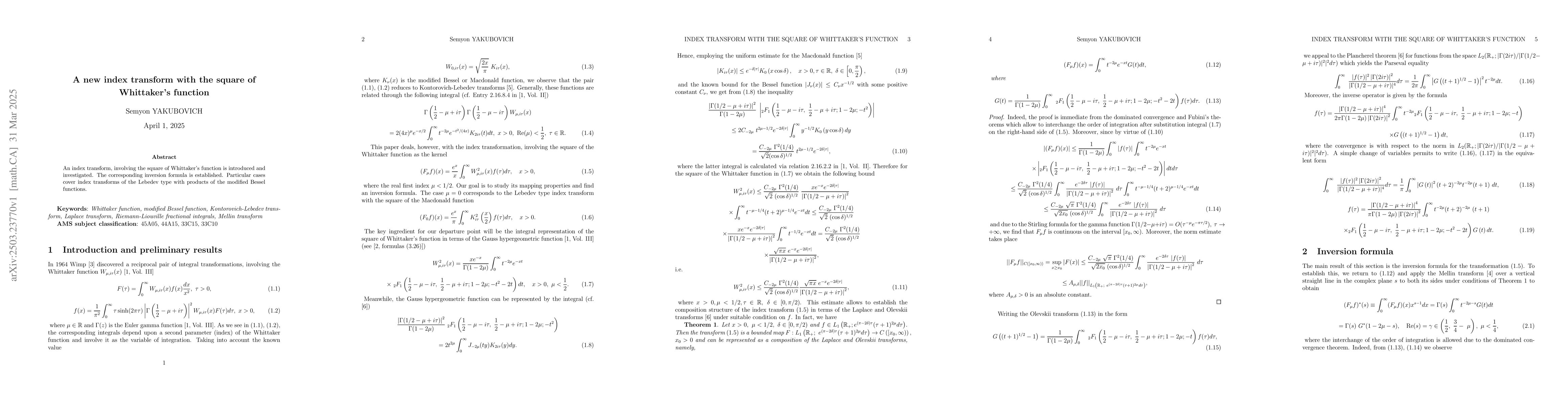 Thumbnail for A new index transform with the square of Whittaker's function
