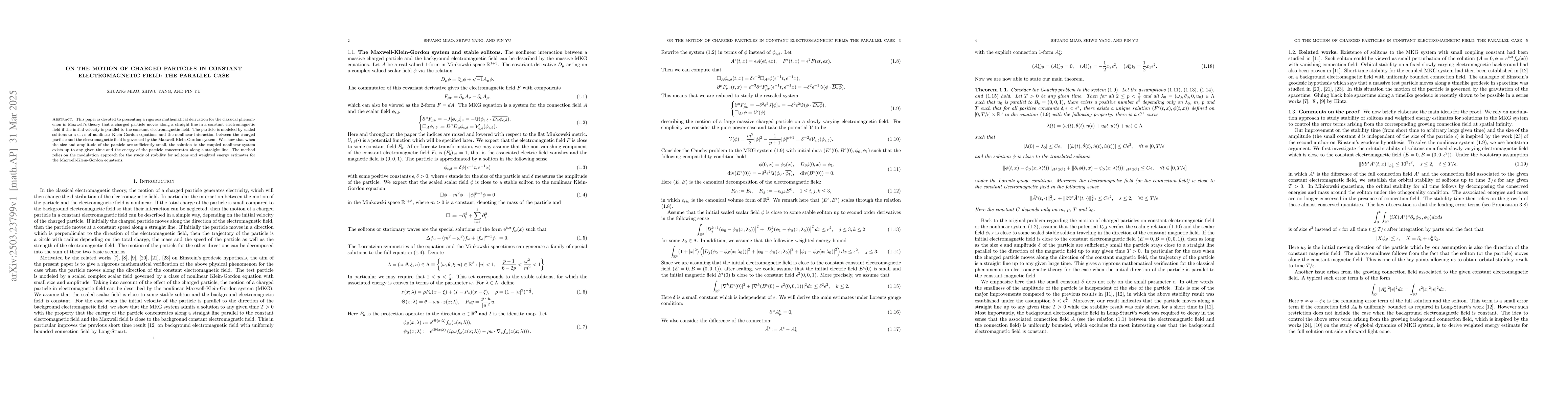 Thumbnail for On the motion of charged particles in constant electromagnetic field:
  the parallel case