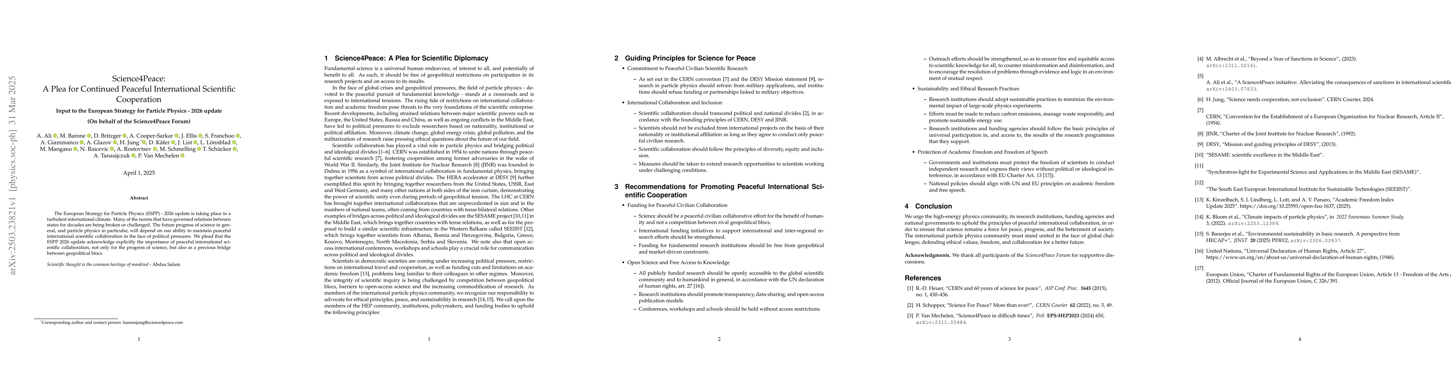 Thumbnail for Science4Peace: A Plea for Continued Peaceful International Scientific
  Cooperation (Input to the European Strategy for Particle Physics -- 2026
  update)