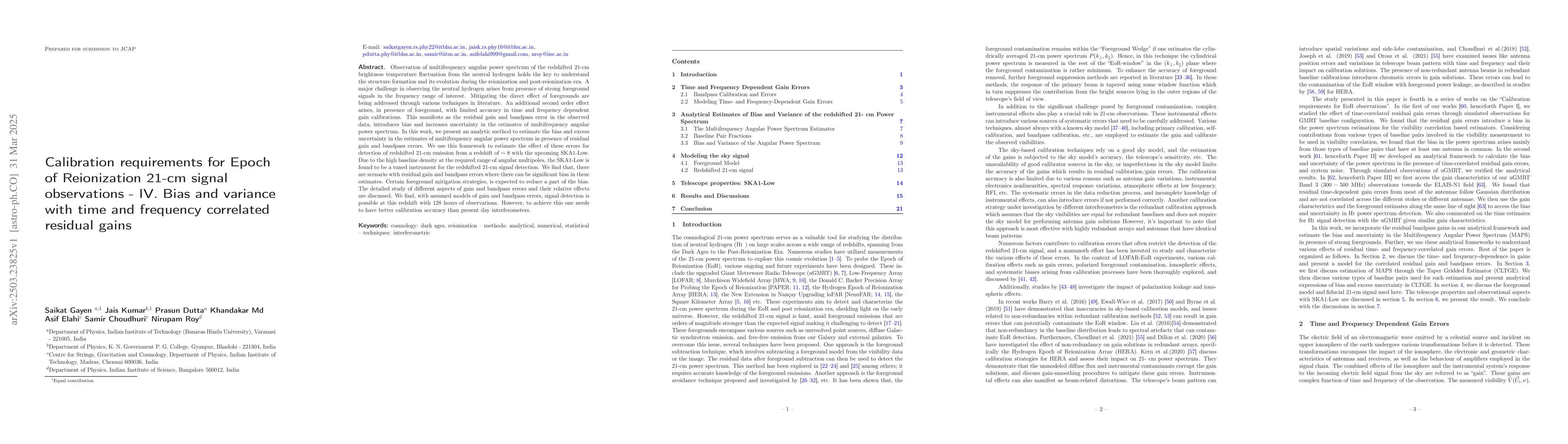 Thumbnail for Calibration requirements for Epoch of Reionization 21-cm signal
  observations -- IV. Bias and variance with time and frequency correlated
  residual gains