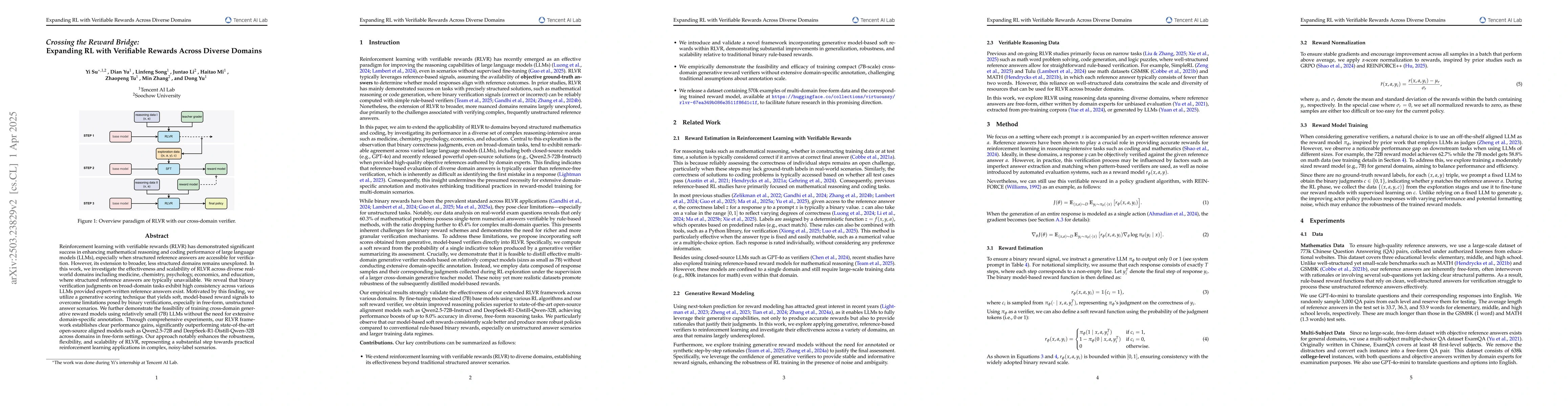 Thumbnail for Crossing the Reward Bridge: Expanding RL with Verifiable Rewards Across
  Diverse Domains