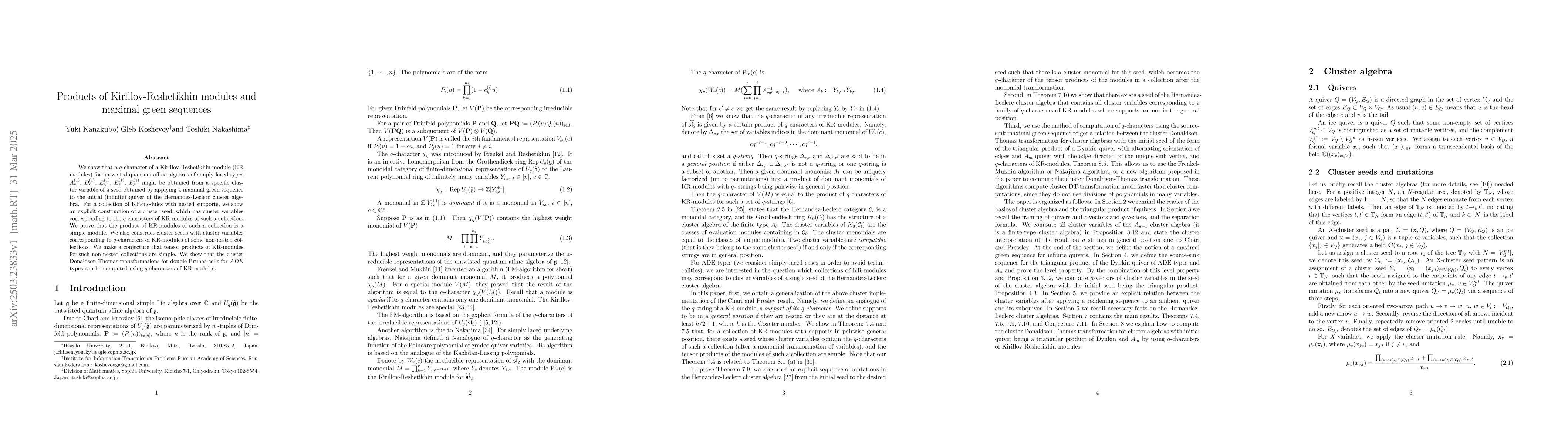 Thumbnail for Products of Kirillov-Reshetikhin modules and maximal green sequences