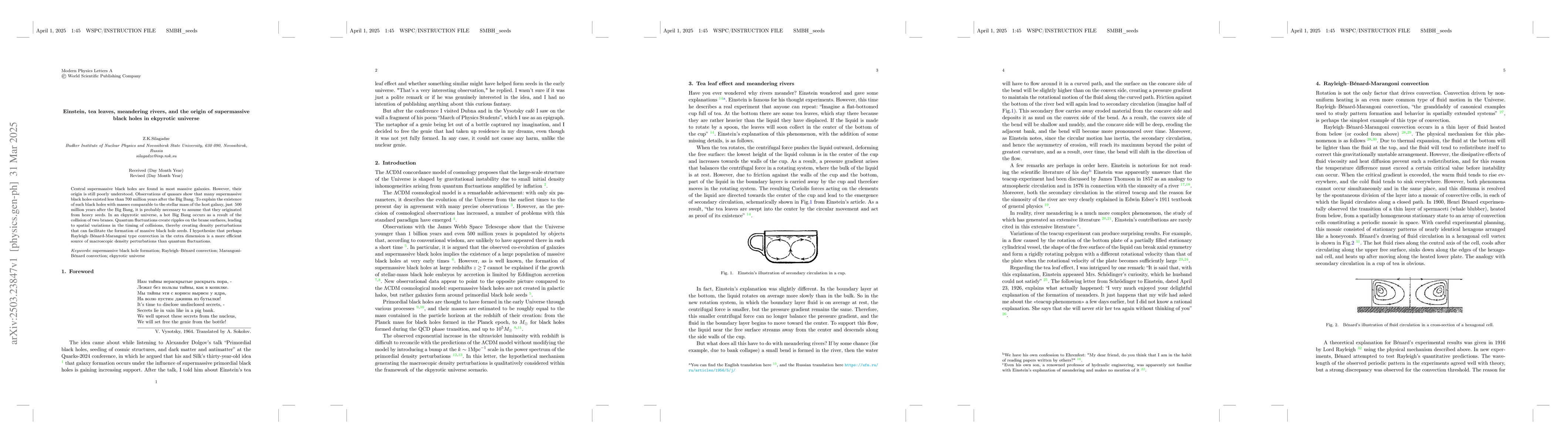 Thumbnail for Einstein, tea leaves, meandering rivers, and the origin of supermassive
  black holes in ekpyrotic universe