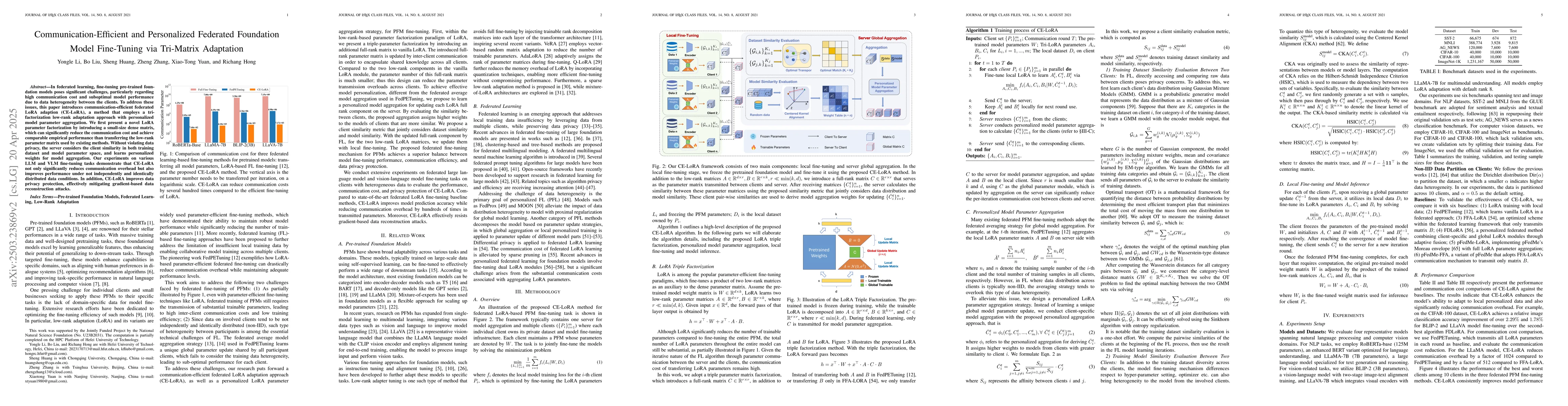Thumbnail for Communication-Efficient and Personalized Federated Foundation Model
  Fine-Tuning via Tri-Matrix Adaptation