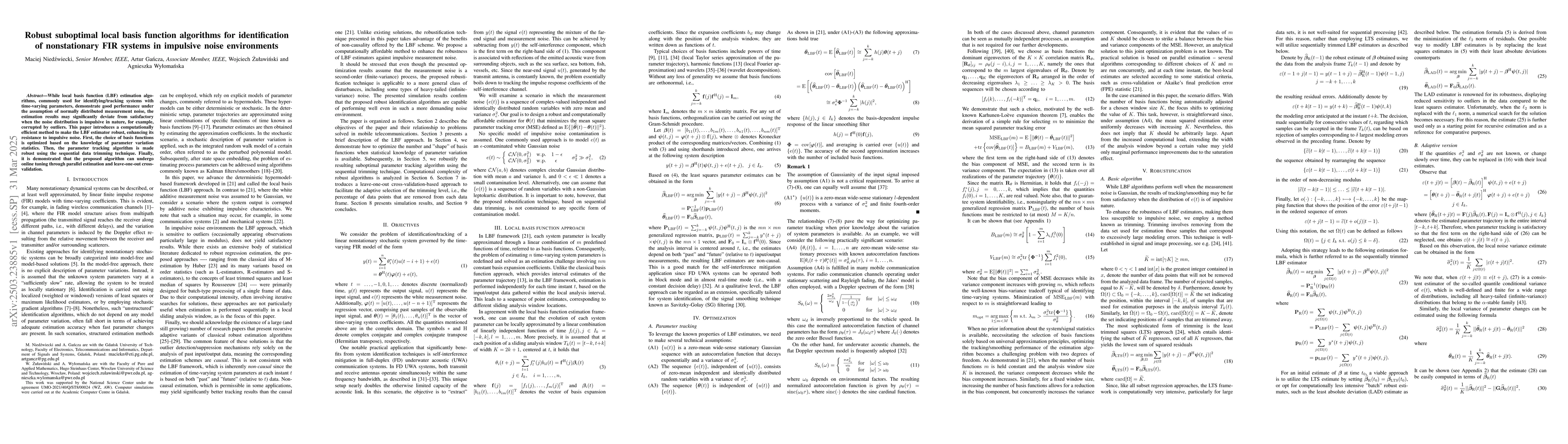 Thumbnail for Robust Suboptimal Local Basis Function Algorithms for Identification of
  Nonstationary FIR Systems in Impulsive Noise Environments