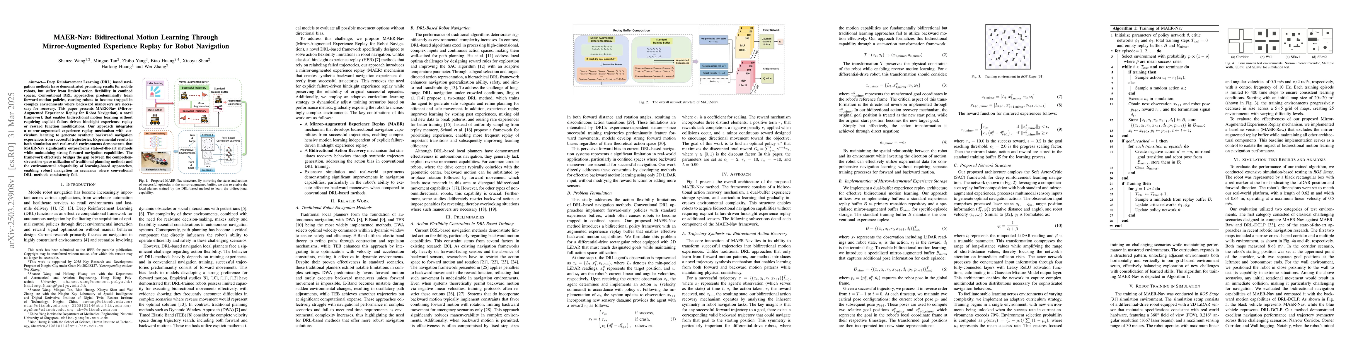 Thumbnail for MAER-Nav: Bidirectional Motion Learning Through Mirror-Augmented
  Experience Replay for Robot Navigation
