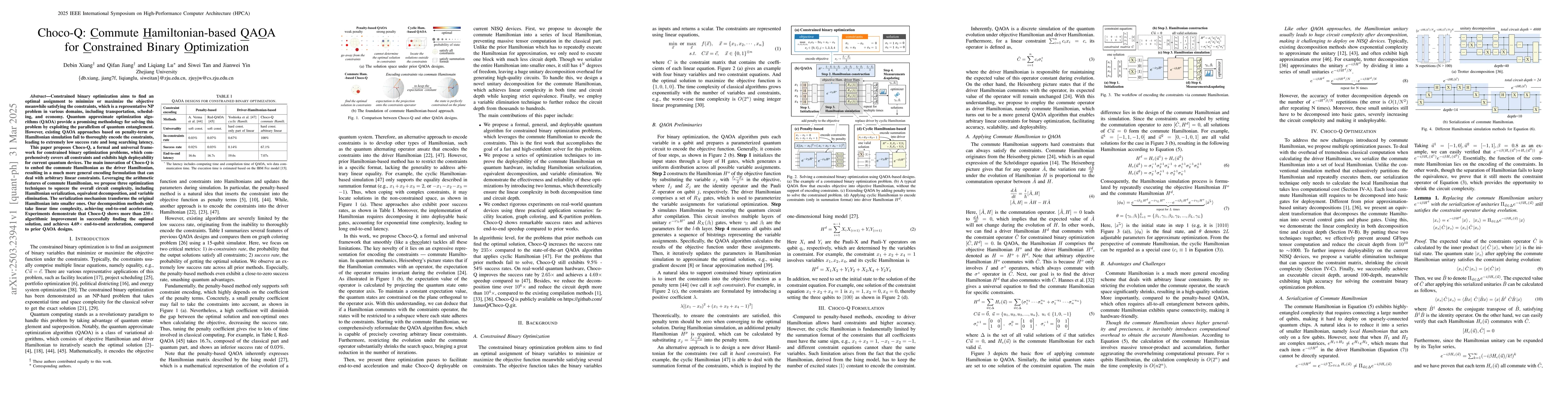 Thumbnail for Choco-Q: Commute Hamiltonian-based QAOA for Constrained Binary
  Optimization