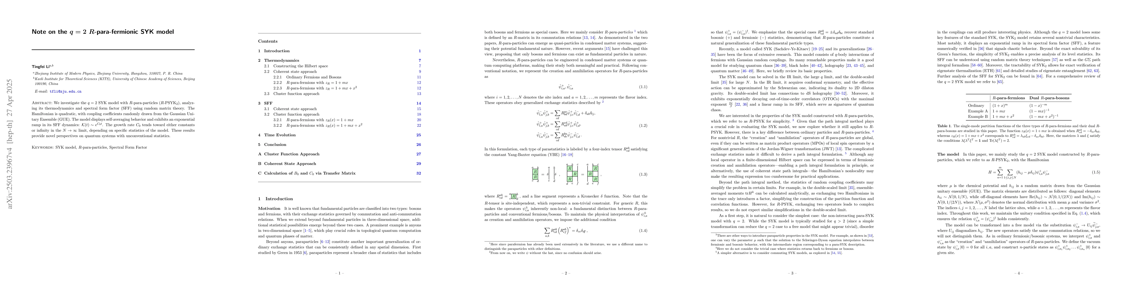 Thumbnail for Note on the $q=2$ $R$-para-fermionic SYK model