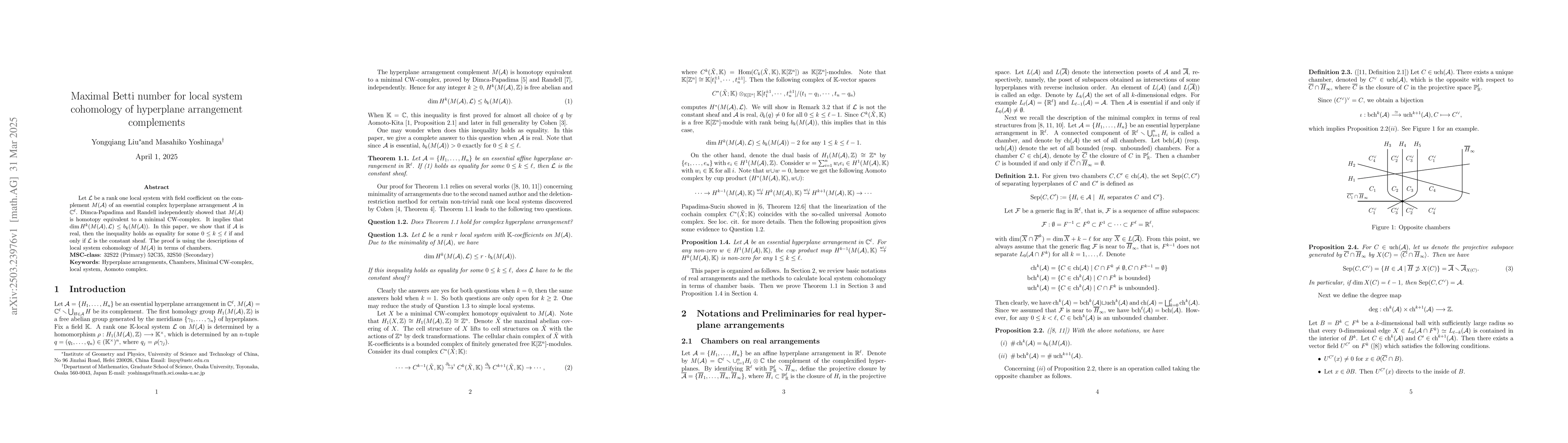 Thumbnail for Maximal Betti number for local system cohomology of hyperplane
  arrangement complements