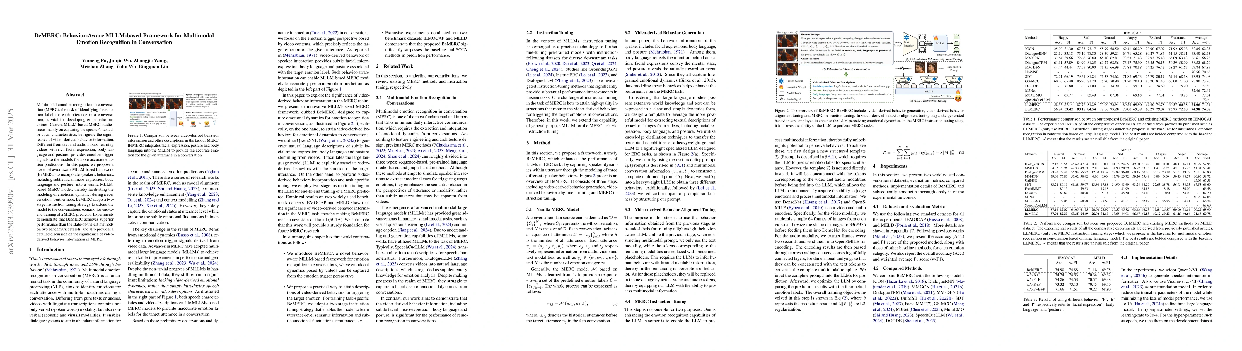 Thumbnail for BeMERC: Behavior-Aware MLLM-based Framework for Multimodal Emotion
  Recognition in Conversation