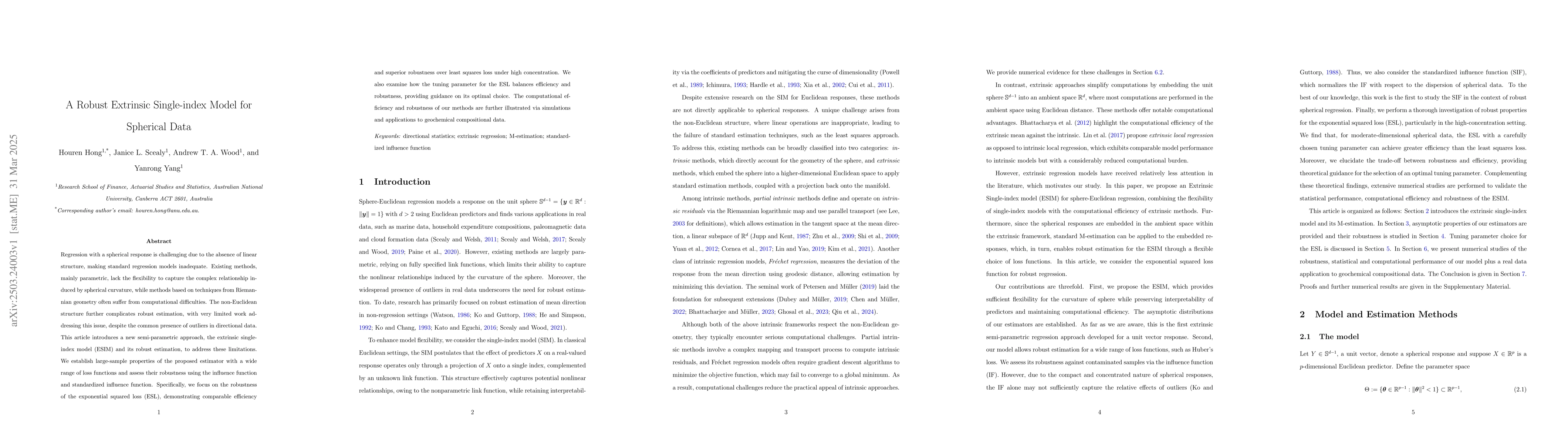 Thumbnail for A Robust Extrinsic Single-index Model for Spherical Data