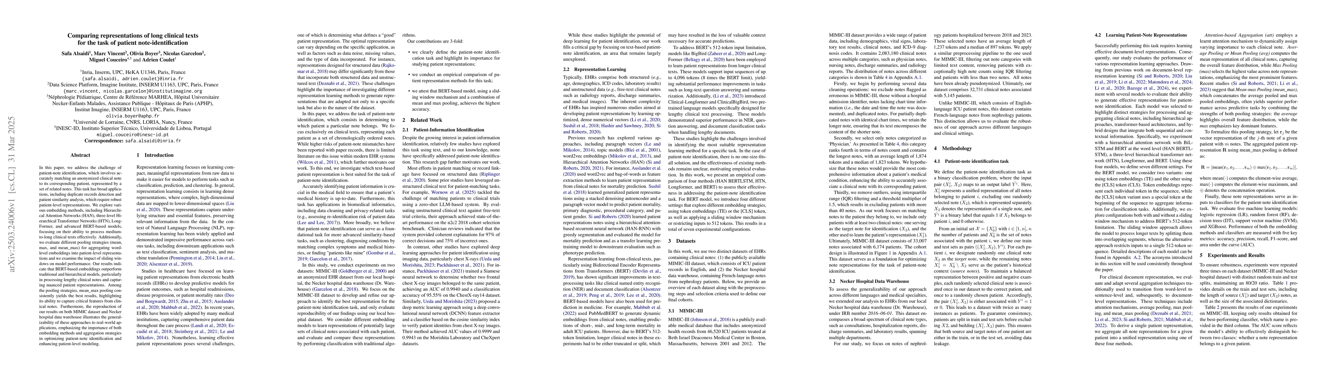 Thumbnail for Comparing representations of long clinical texts for the task of patient
  note-identification