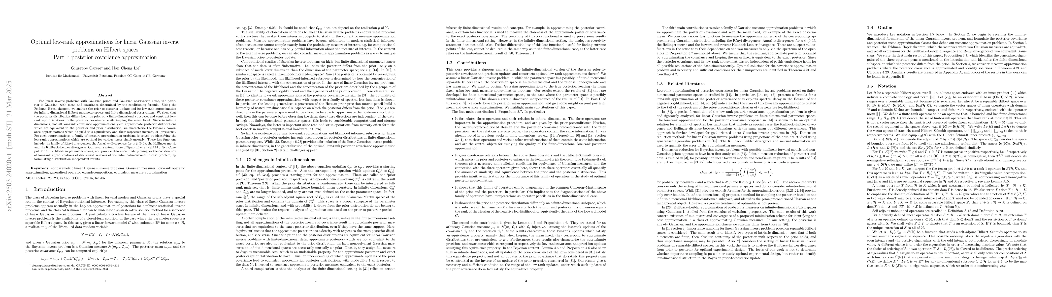 Thumbnail for Optimal low-rank approximations for linear Gaussian inverse problems on
  Hilbert spaces, Part I: posterior covariance approximation