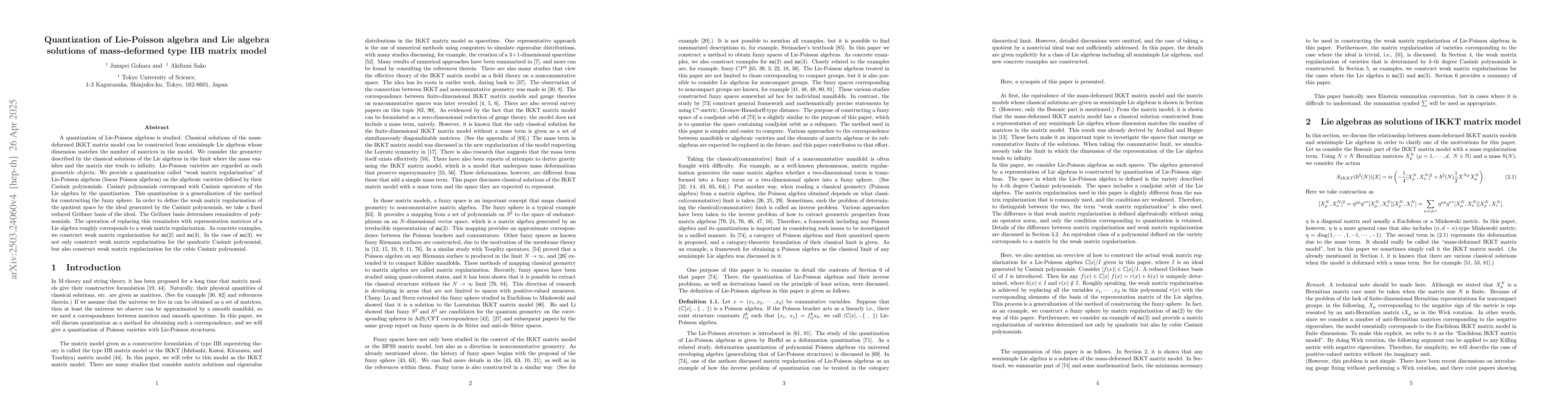 Thumbnail for Quantization of Lie-Poisson algebra and Lie algebra solutions of
  mass-deformed type IIB matrix model