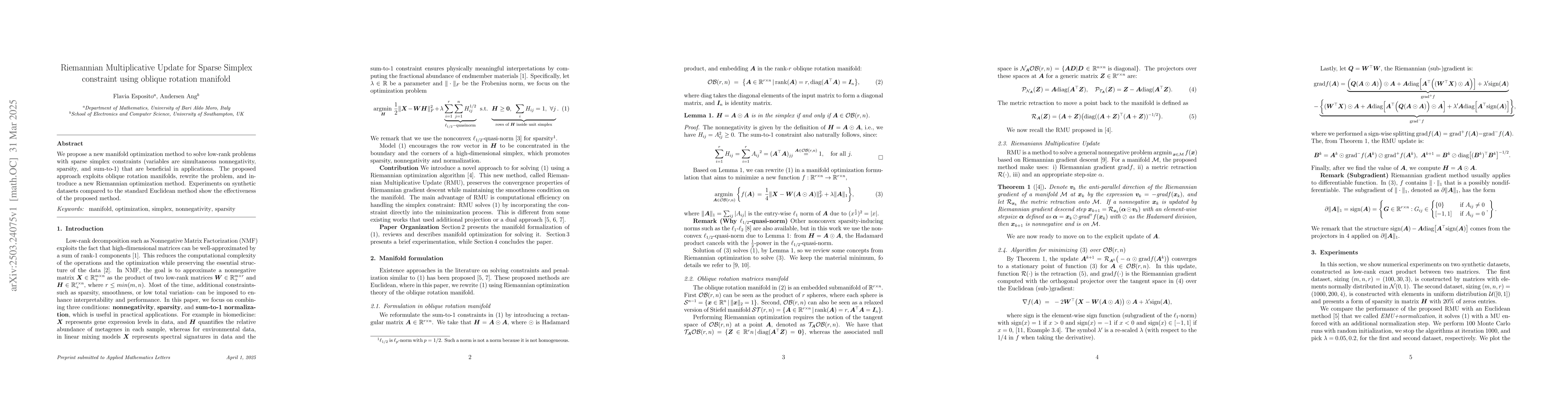 Thumbnail for Riemannian Multiplicative Update for Sparse Simplex constraint using
  oblique rotation manifold