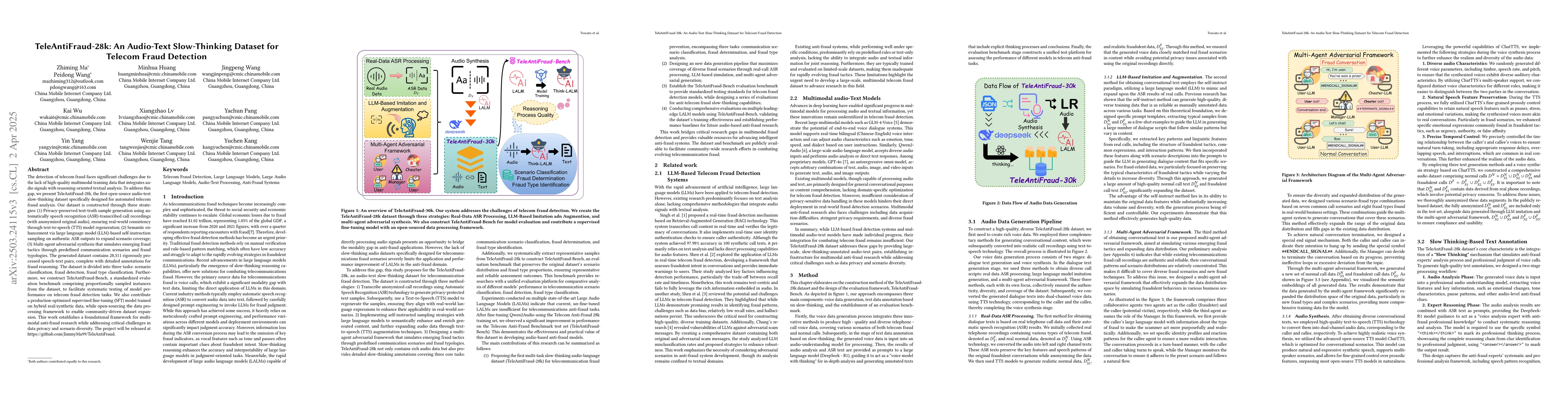 Thumbnail for TeleAntiFraud-28k: An Audio-Text Slow-Thinking Dataset for Telecom Fraud
  Detection