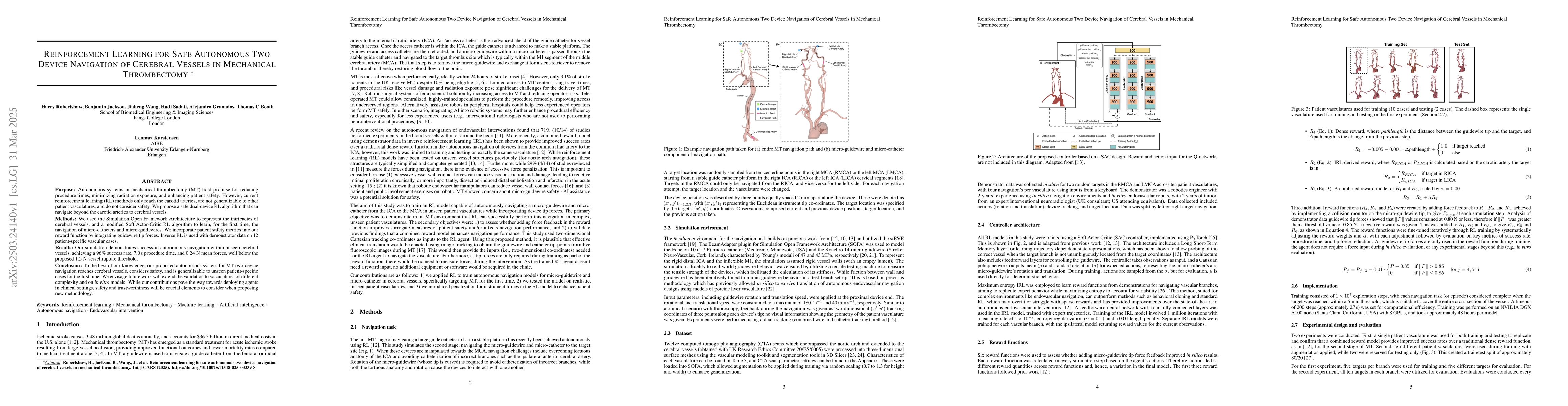 Thumbnail for Reinforcement Learning for Safe Autonomous Two Device Navigation of
  Cerebral Vessels in Mechanical Thrombectomy