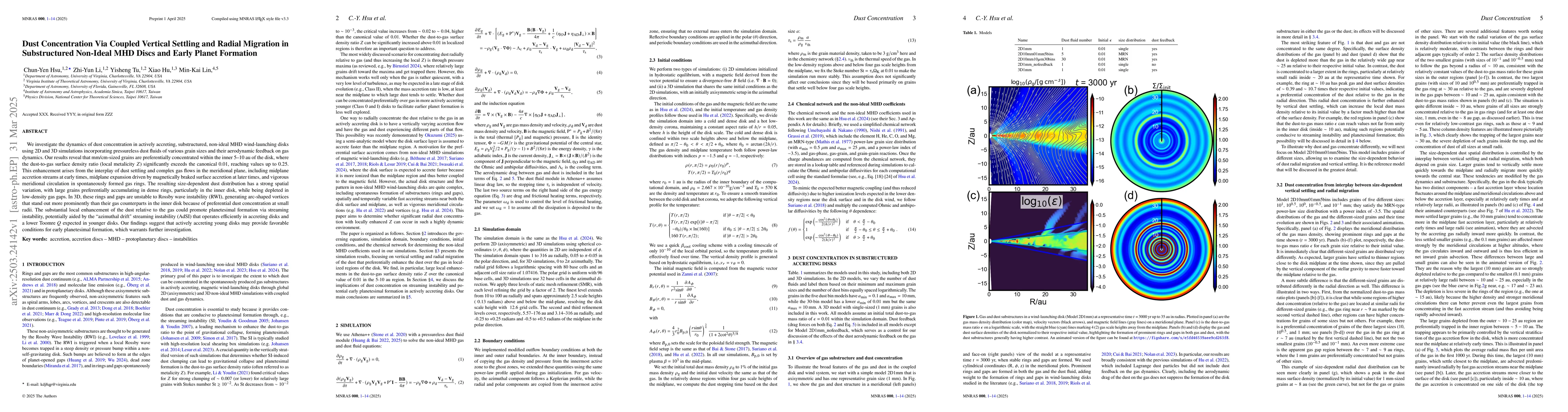 Thumbnail for Dust Concentration Via Coupled Vertical Settling and Radial Migration in
  Substructured Non-Ideal MHD Discs and Early Planet Formation