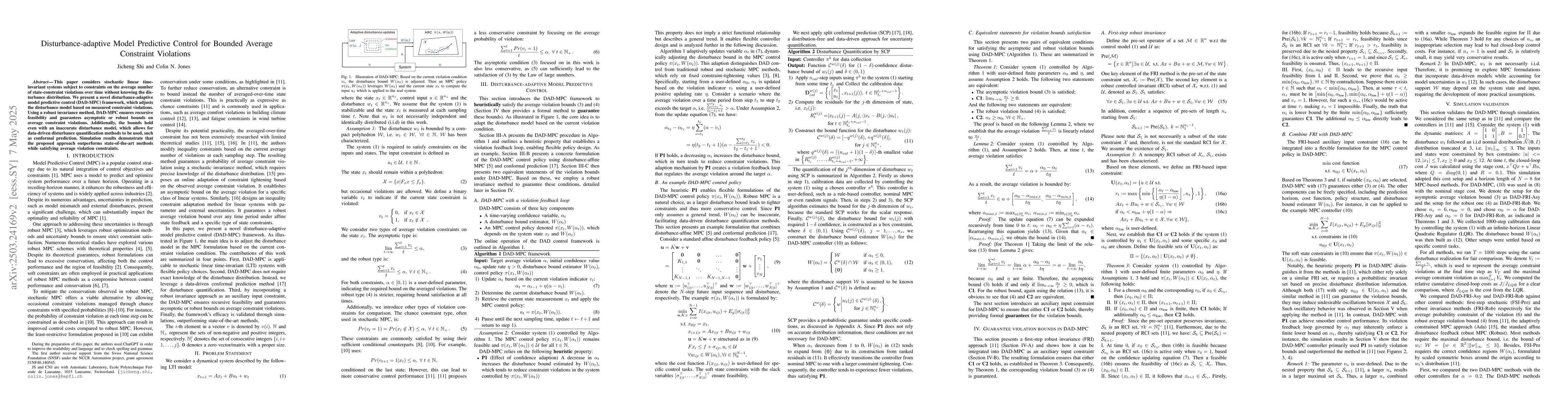 Thumbnail for Disturbance-adaptive Model Predictive Control for Bounded Average
  Constraint Violations