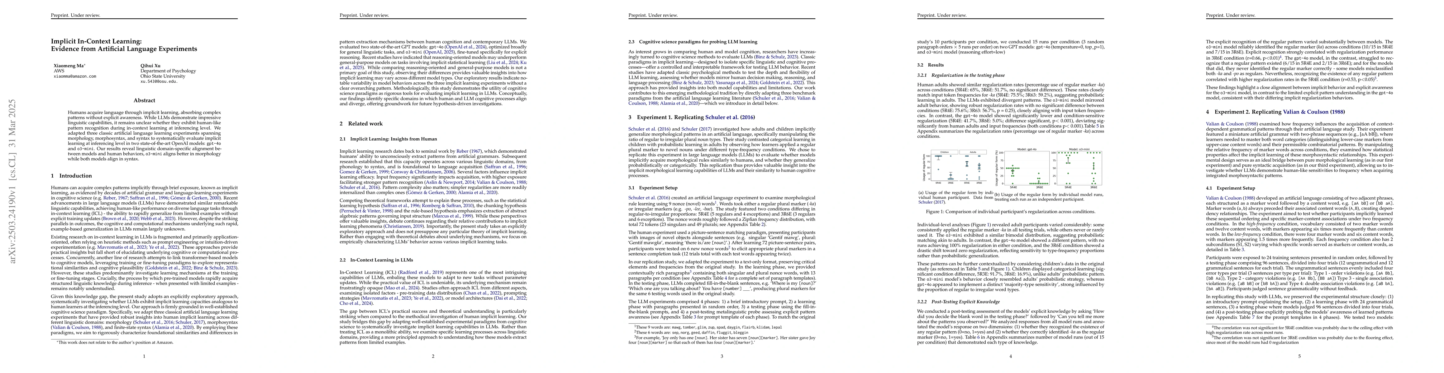 Thumbnail for Implicit In-Context Learning: Evidence from Artificial Language
  Experiments