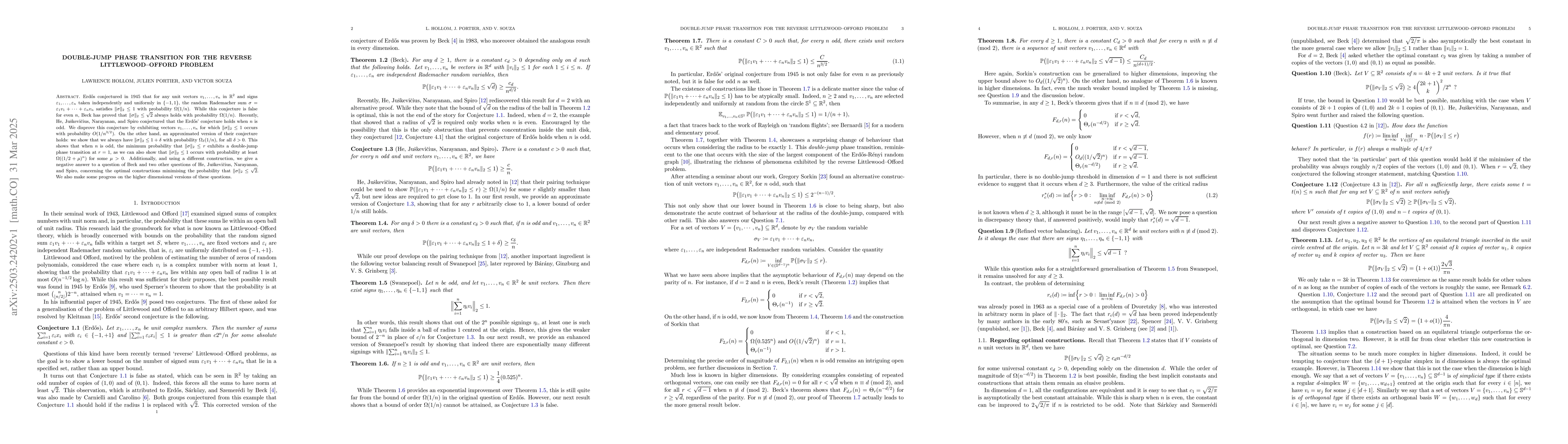 Thumbnail for Double-jump phase transition for the reverse Littlewood--Offord problem