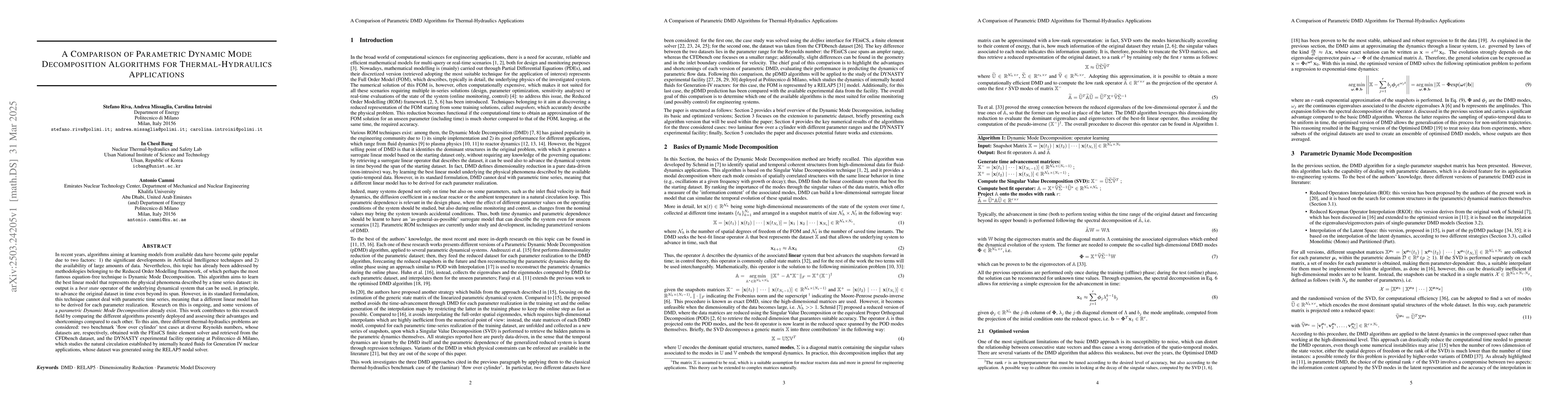Thumbnail for A Comparison of Parametric Dynamic Mode Decomposition Algorithms for
  Thermal-Hydraulics Applications