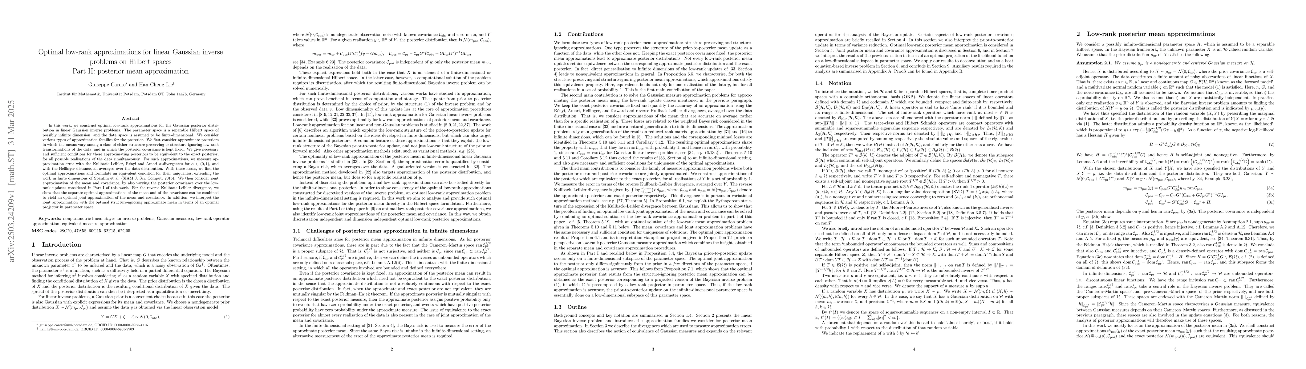 Thumbnail for Optimal low-rank approximations for linear Gaussian inverse problems on
  Hilbert spaces, Part II: posterior mean approximation