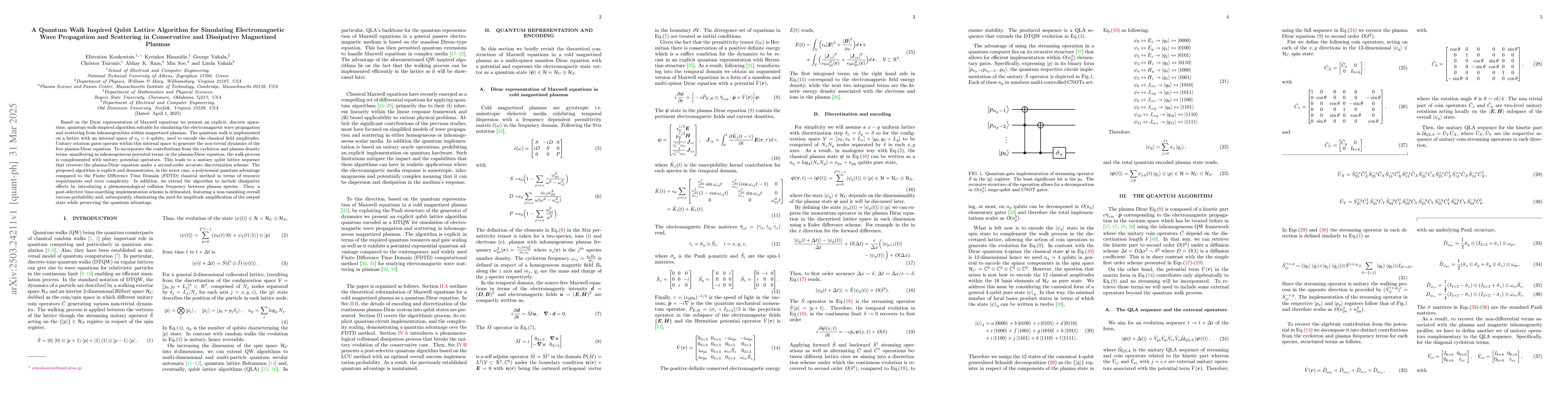 Thumbnail for A Quantum Walk Inspired Qubit Lattice Algorithm for Simulating
  Electromagnetic Wave Propagation and Scattering in Conservative and
  Dissipative Magnetized Plasmas