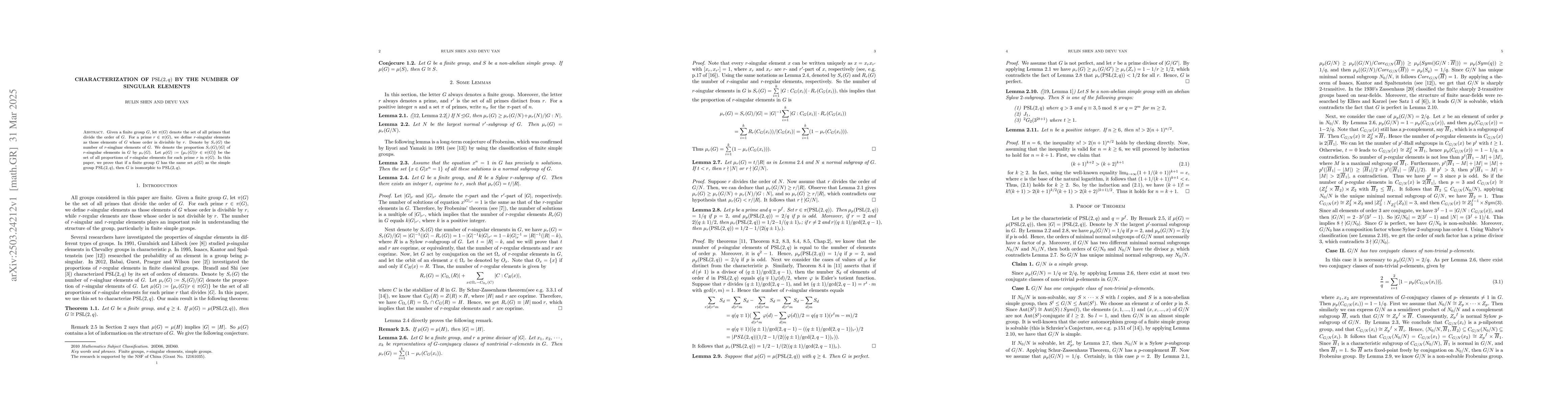 Thumbnail for Characterization of $\PSL(2,q)$ by the number of singular elements