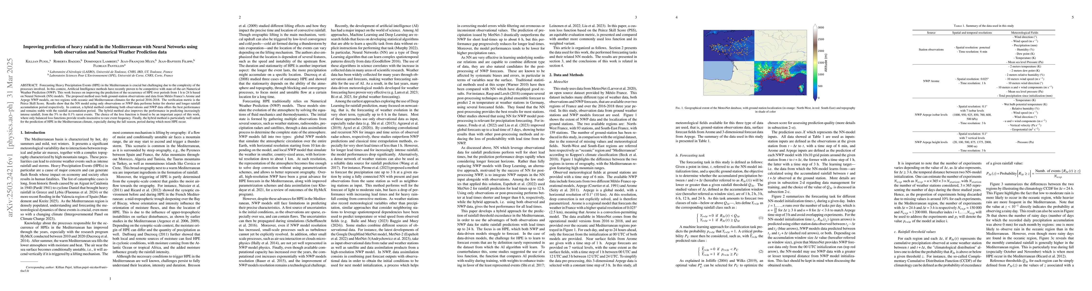 Thumbnail for Improving prediction of heavy rainfall in the Mediterranean with Neural
  Networks using both observation and Numerical Weather Prediction data