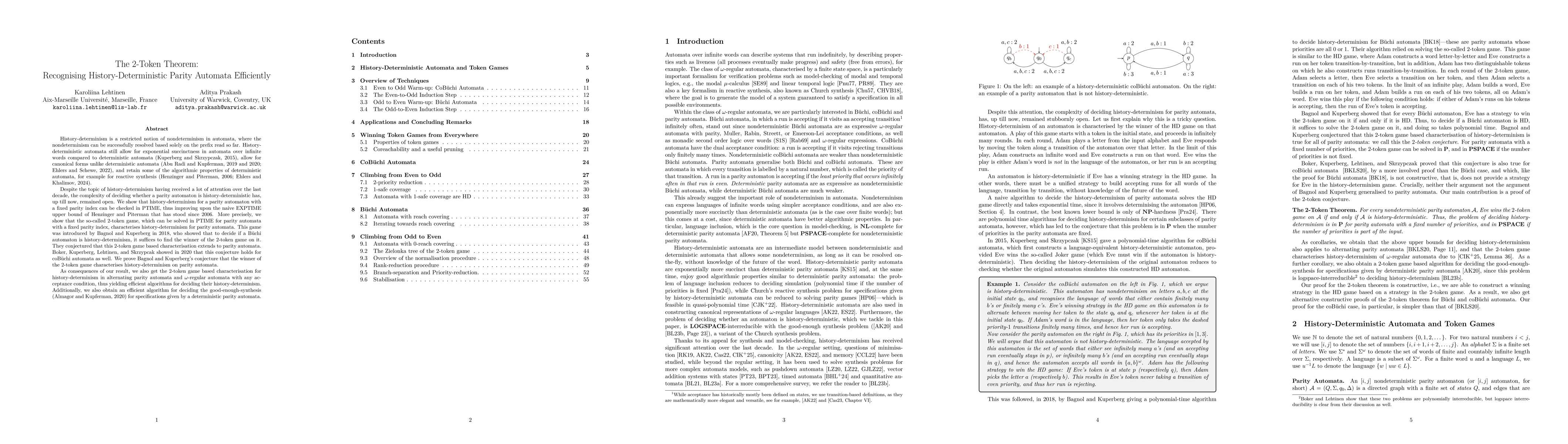 Thumbnail for The 2-Token Theorem: Recognising History-Deterministic Parity Automata
  Efficiently