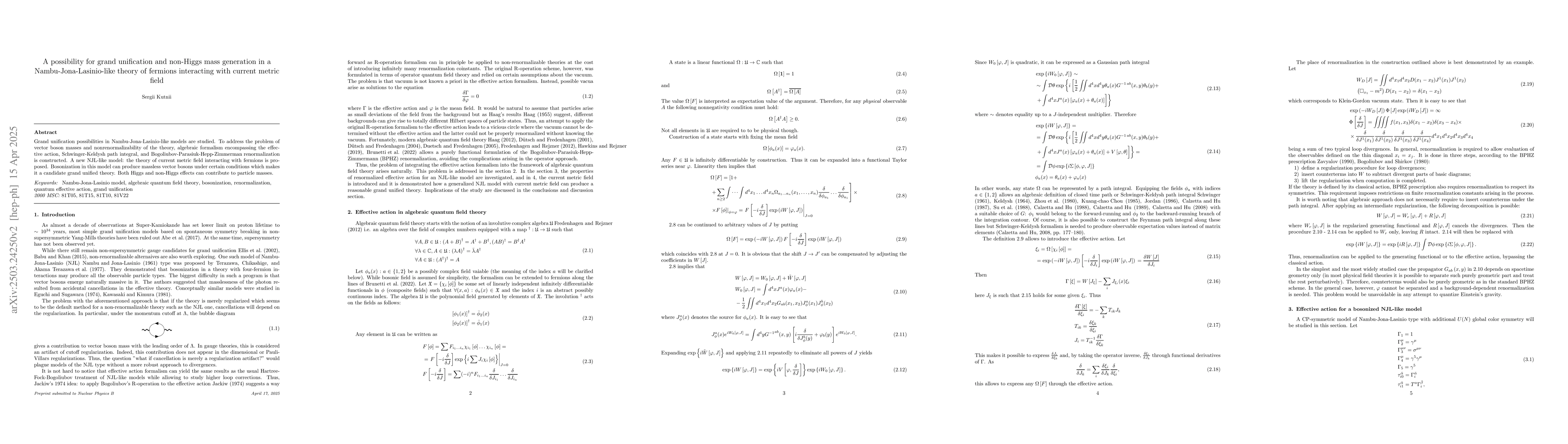 Thumbnail for A possibility for grand unification and non-Higgs mass generation in a
  Nambu-Jona-Lasinio-like theory of fermions interacting with current metric
  field