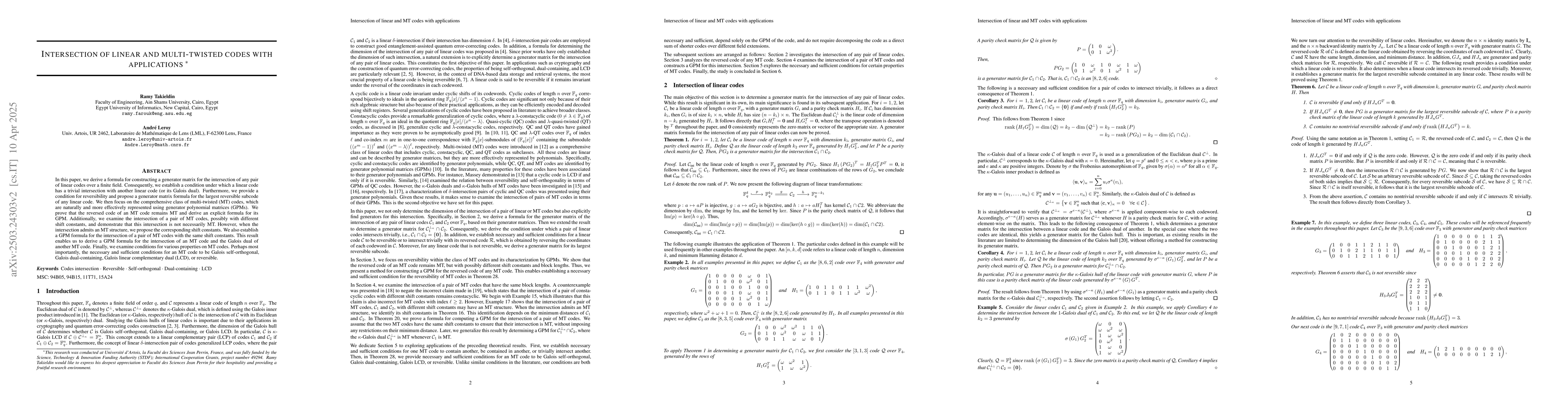 Thumbnail for Intersection of linear and multi-twisted codes with applications