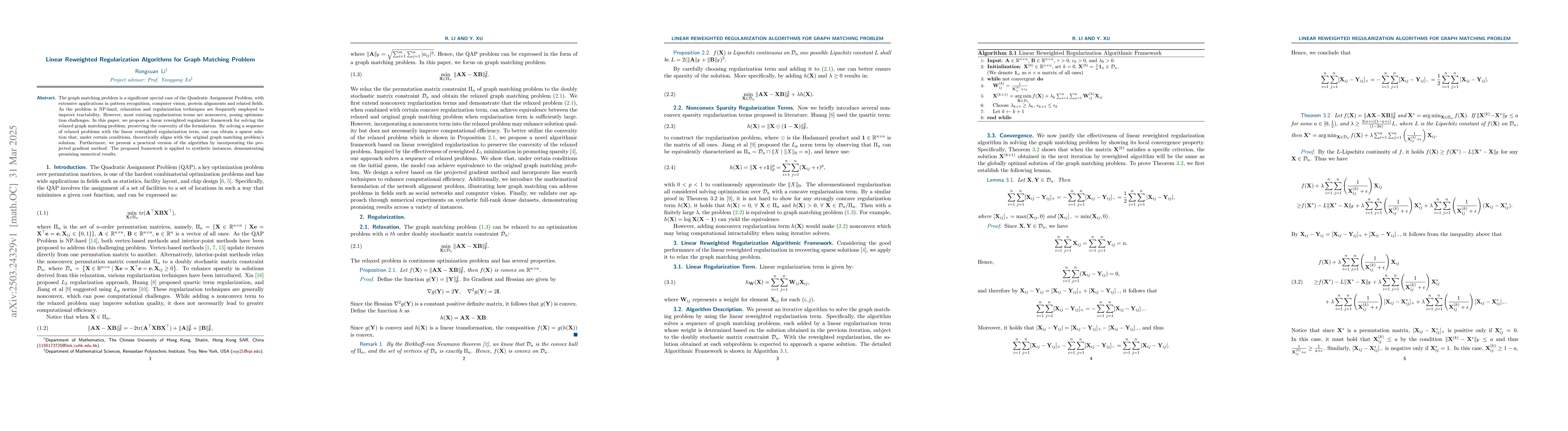 Thumbnail for Linear Reweighted Regularization Algorithms for Graph Matching Problem