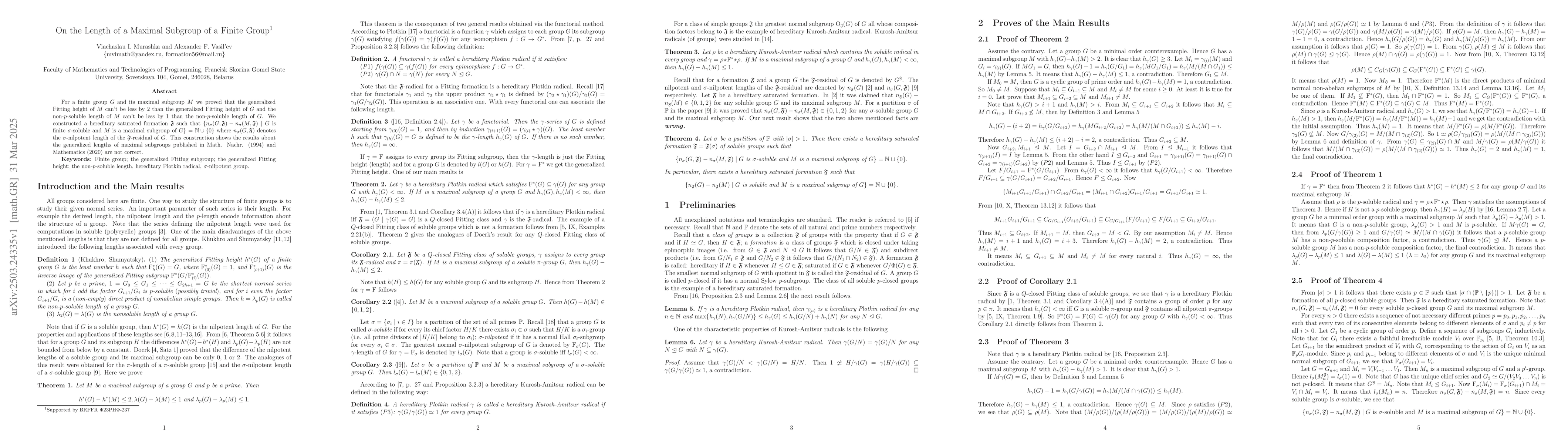 Thumbnail for On the Length of a Maximal Subgroup of a Finite Group