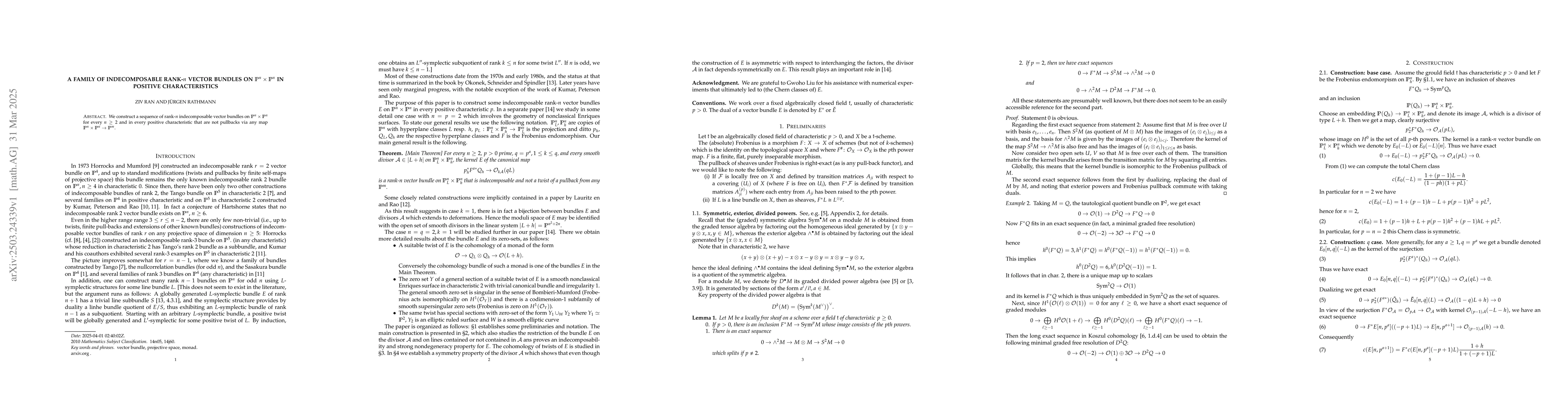 Thumbnail for A family of indecomposable rank-$n$ vector bundles on $\mathbb
  P^n\times\mathbb P^n$ in positive characteristics